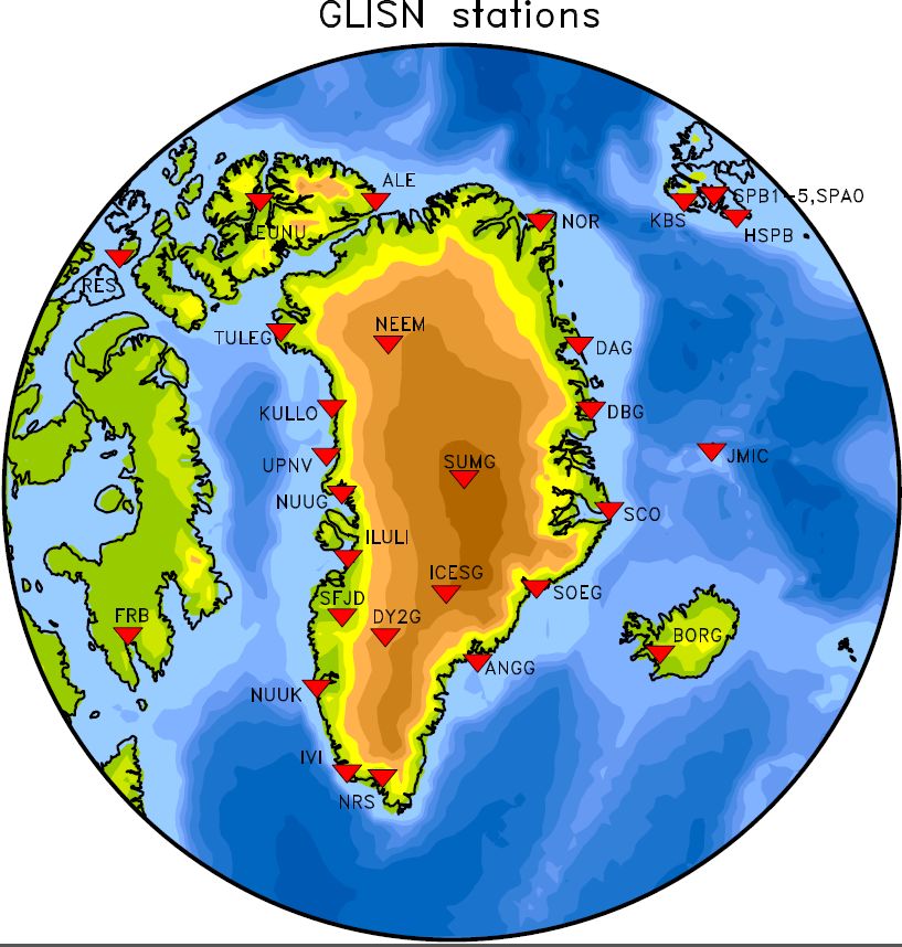 Map of Greenland and surrounding areas with locations of seismographs